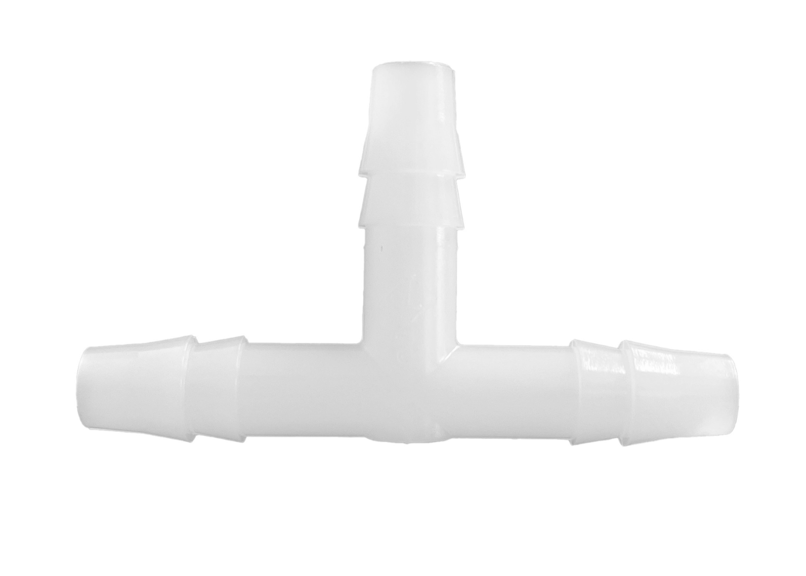 The front view of a white opaque quarter inch barbed tee