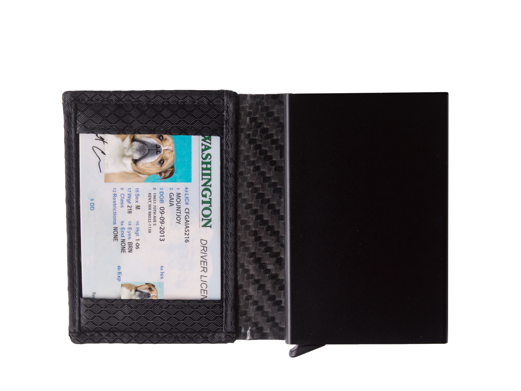 Black ripstop nylon interior with I.D slot and slider for cards