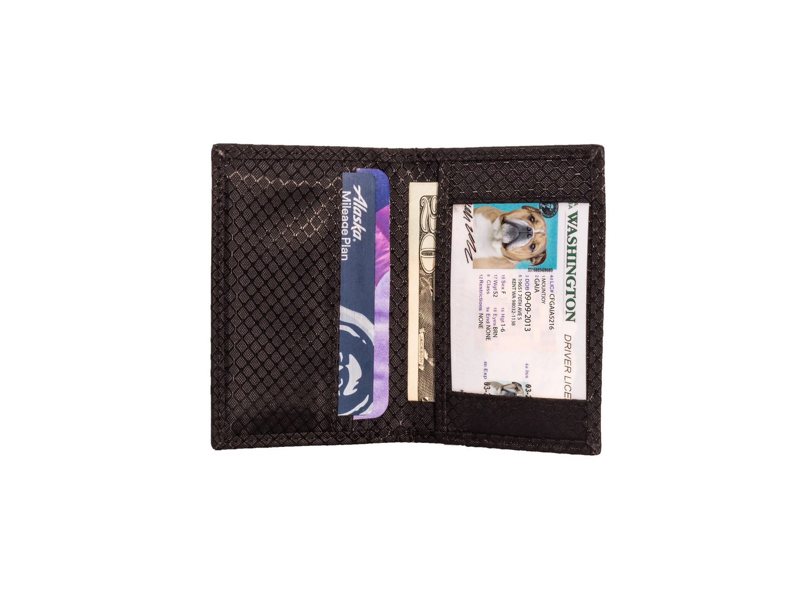 Black ripstop nylon interior with a few card slots including I.D slot