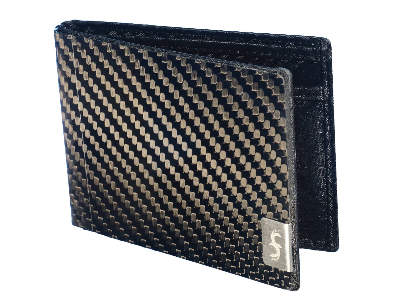 A front view of a carbon fiber and black nylon wallet from Common Fibers