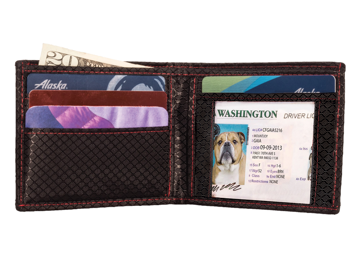 Black with red stitching open wallet  interior showing card slots and a designated driver's license slot.