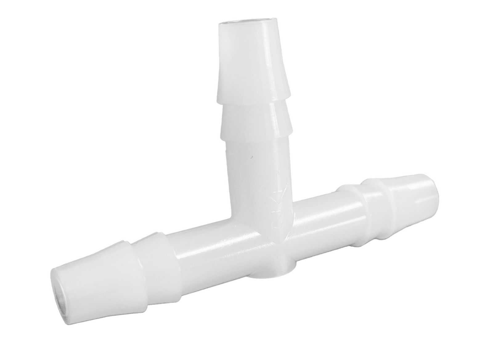 The front view of a white opaque quarter inch barbed tee