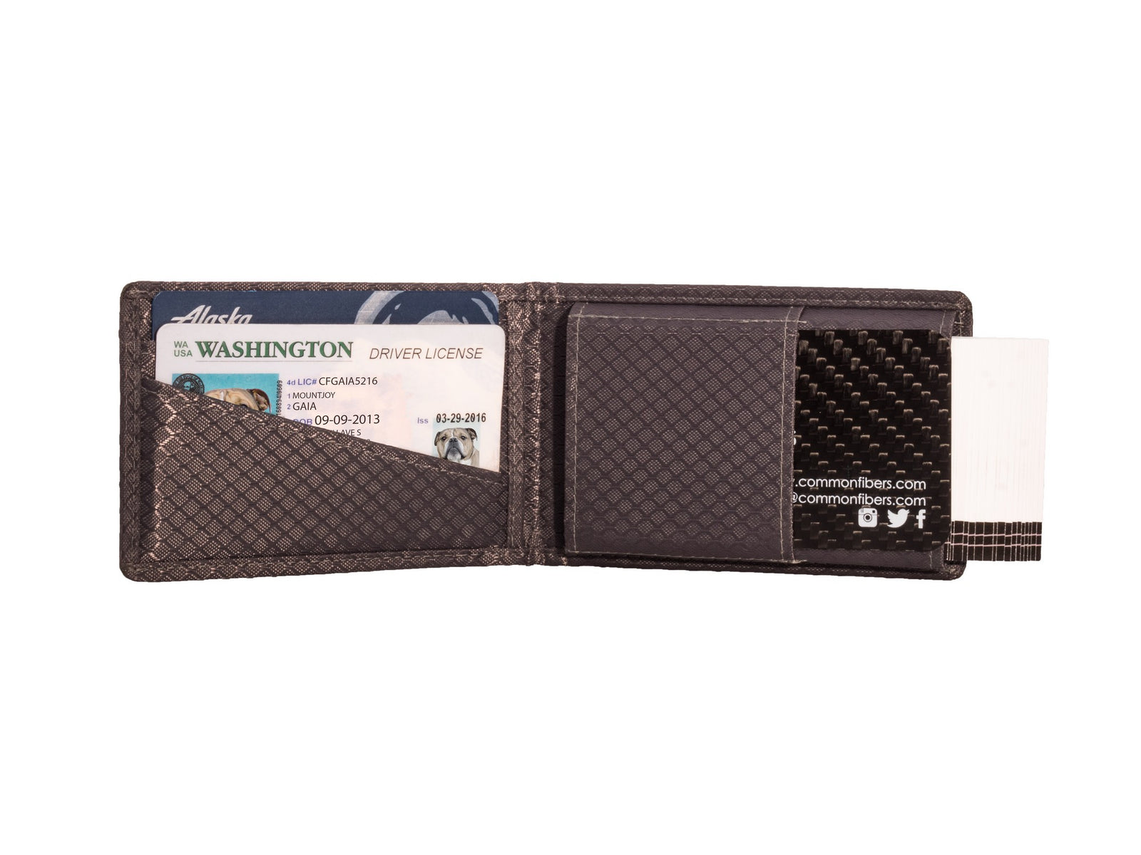 Grey ripstop interior with numerous card slots including I.D slot and business card holder