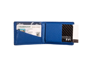 Blue ripstop interior with numerous card slots including I.D slot and business card holder