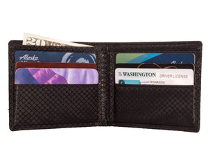Black ripstop nylon interior of MAX bifold wallet with multiple card slots