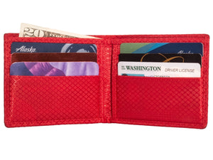 Red ripstop nylon interior of MAX bifold wallet with multiple card slots