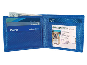 Blue ripstop nylon interior of MAX 3.0 bifold wallet with multiple card slots and an I.D slot
