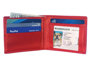 Red ripstop nylon interior of MAX 3.0 bifold wallet with multiple card slots and an I.D slot