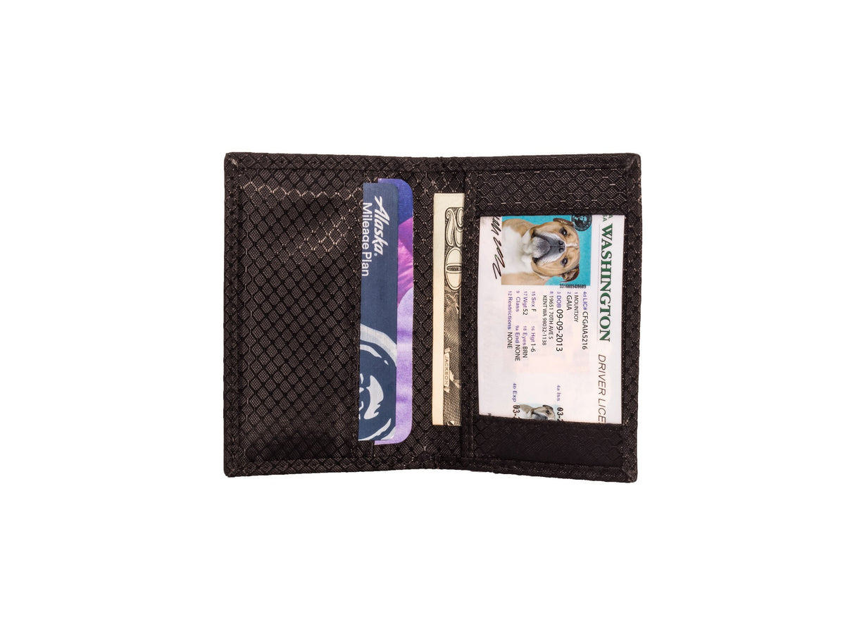 Black ripstop nylon interior with a few card slots including I.D slot