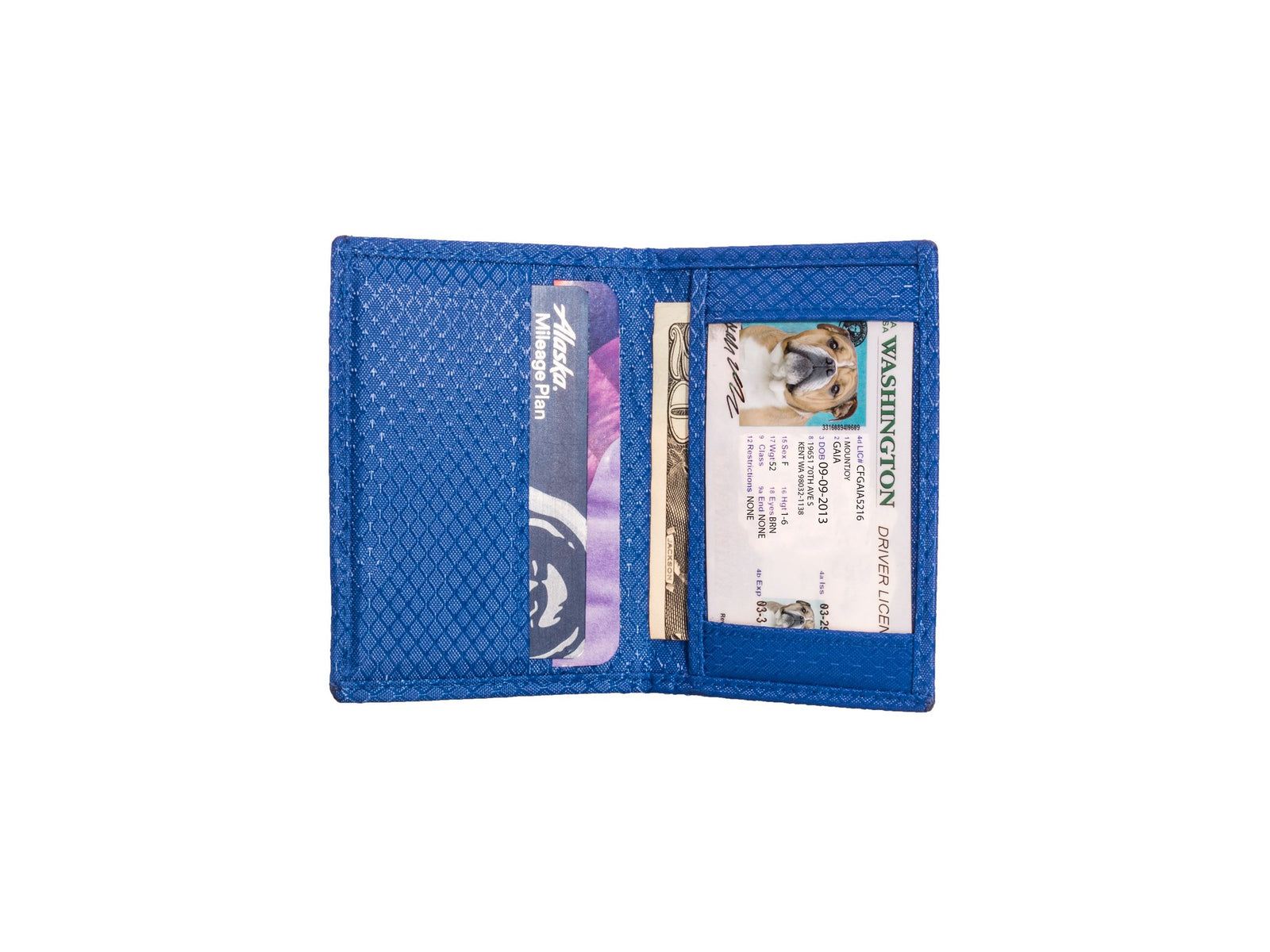 Blue ripstop nylon interior with a few card slots including I.D slot