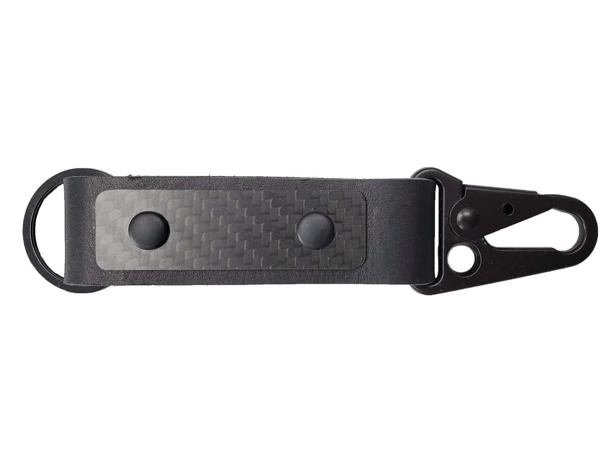 Carbon fiber leather keychain with sturdy aluminum clip, carbon fiber side showing