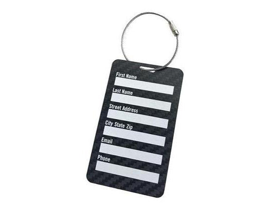 Carbon fiber luggage tag with a place to add personal information