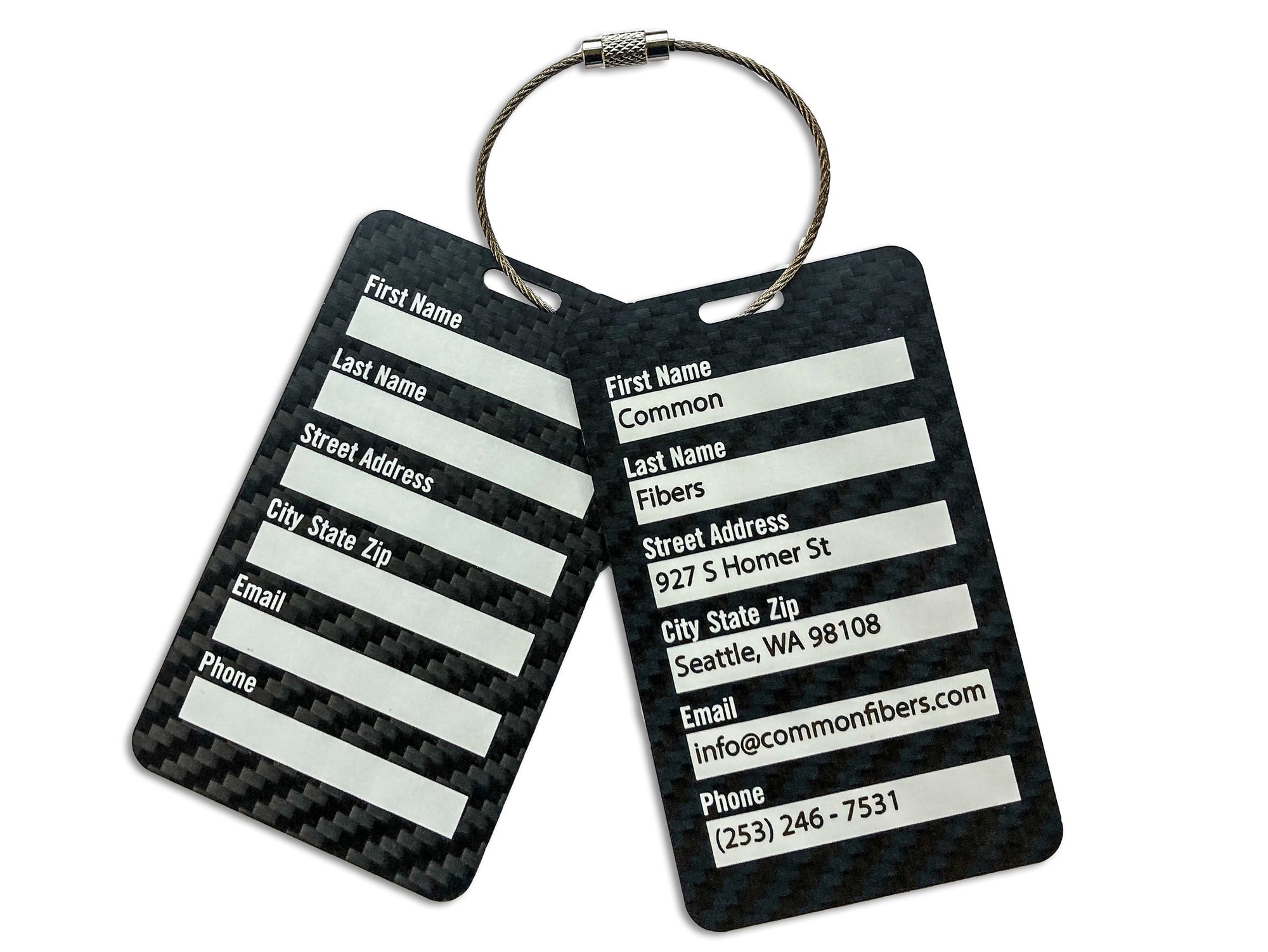 Multiple high end carbon fiber luggage tags with the availability to put contact information